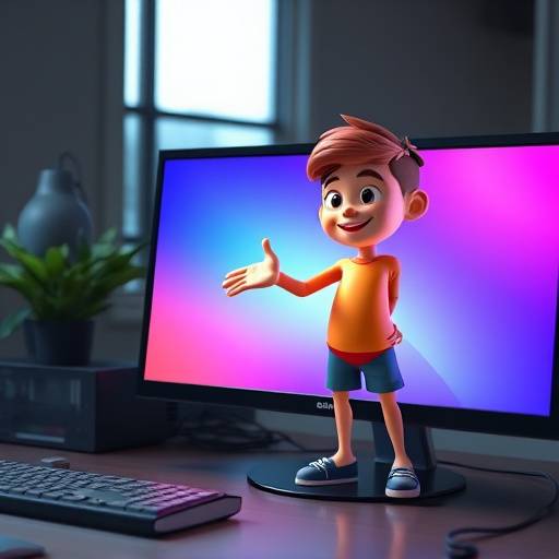 A computer screen displaying a vibrant 3D animation character. 