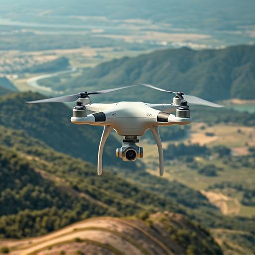 A drone flying over a scenic landscape, capturing aerial footage. 