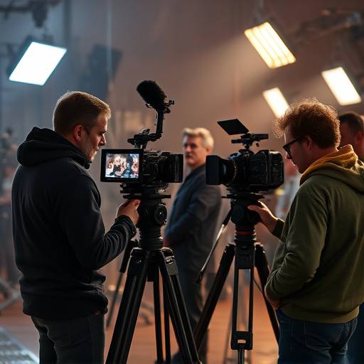 A film crew on set, filming a scene with professional equipment. 