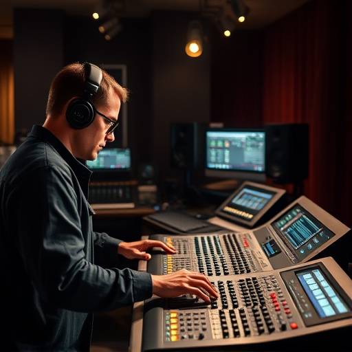 A professional sound engineer mixing audio in a studio. 