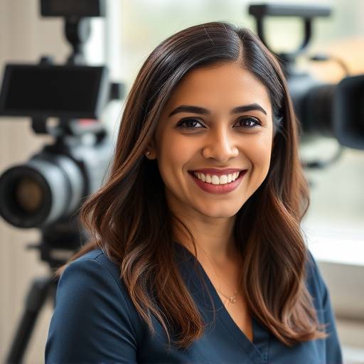 Amelia Hernandez, Co-Founder and Creative Director, smiling professionally in front of video equipment.