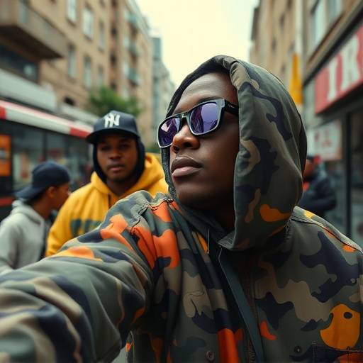 Clip from a rap music video with a vibrant urban setting and dynamic camera angles.