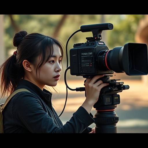 Jasmine Lee, Senior Cinematographer, holding a professional camera on a film set.