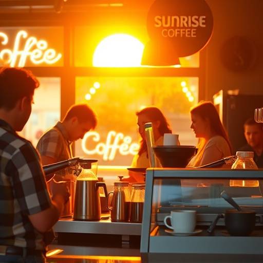 Scene from a vibrant commercial for 'Sunrise Coffee,' showcasing the coffee-making process and happy customers.