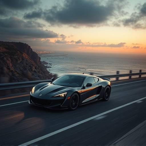 Shot from a luxury car commercial showcasing a sleek vehicle driving along a coastal highway.